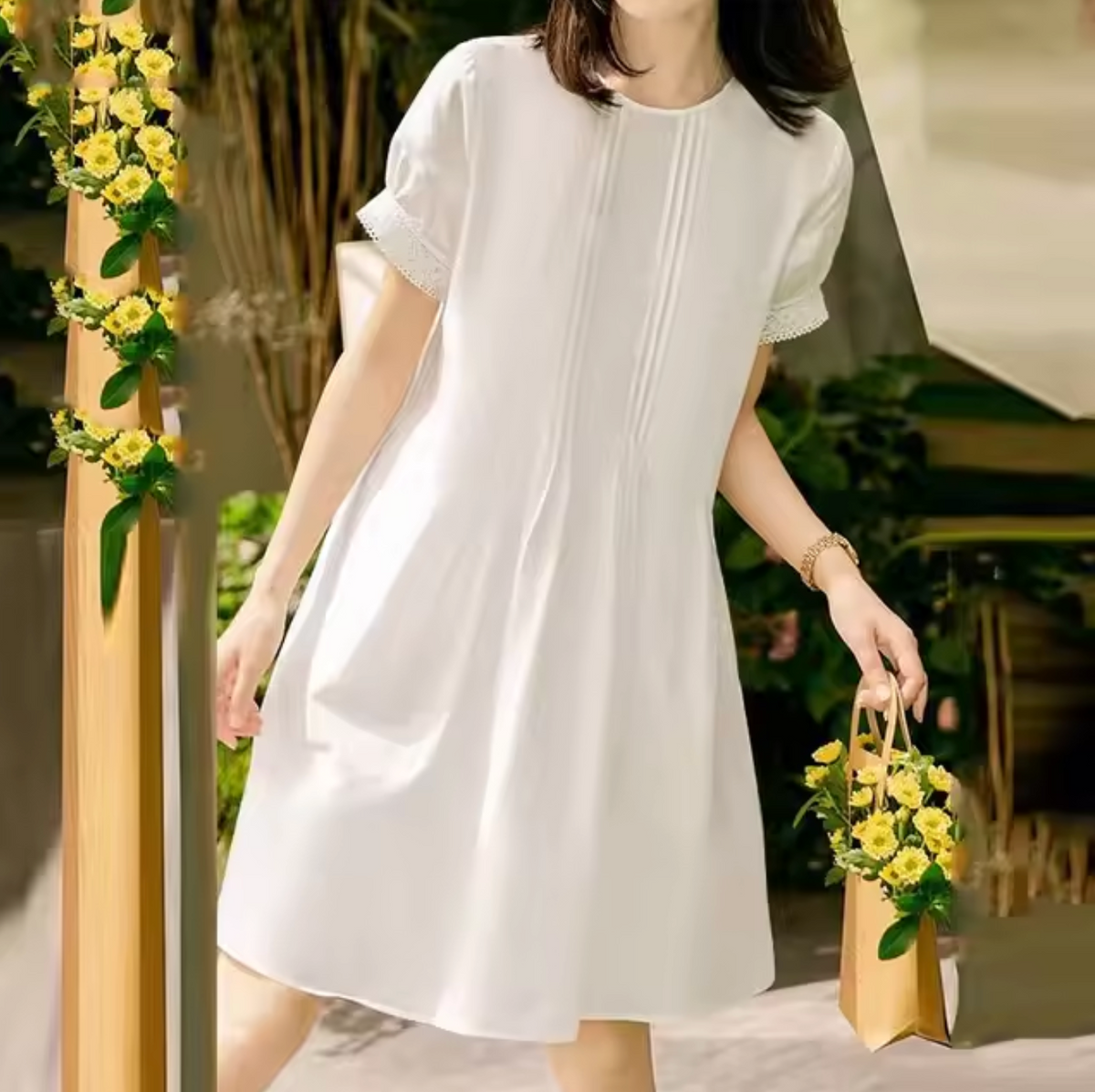 Round Neck Puff Sleeve Lace Trim Pintuck A-Line Midi Dress