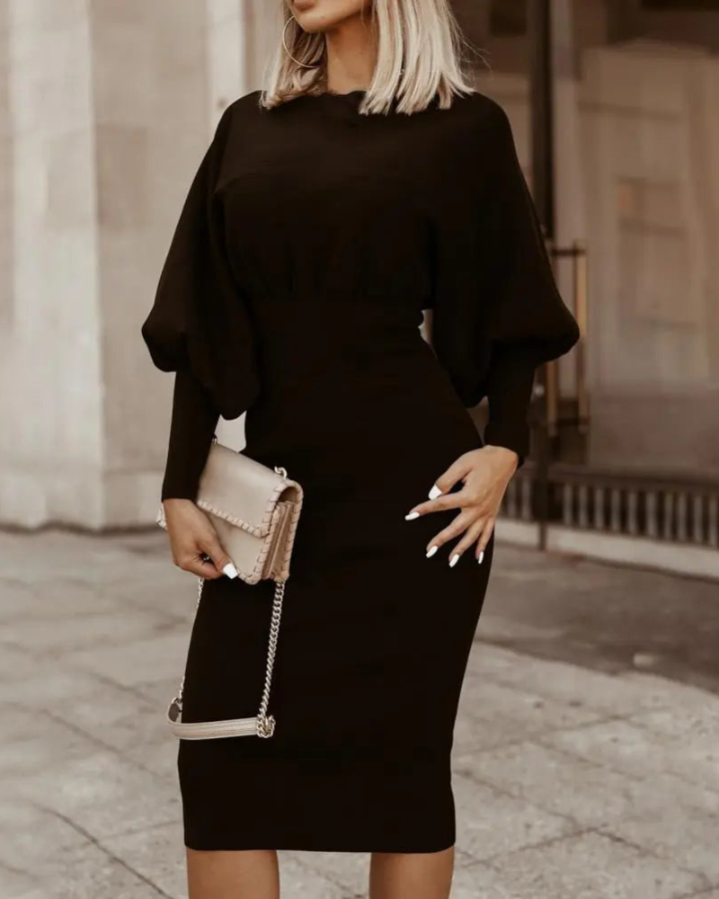 High Neck Puff Long Sleeve Bodycon Pencil Midi Dress
