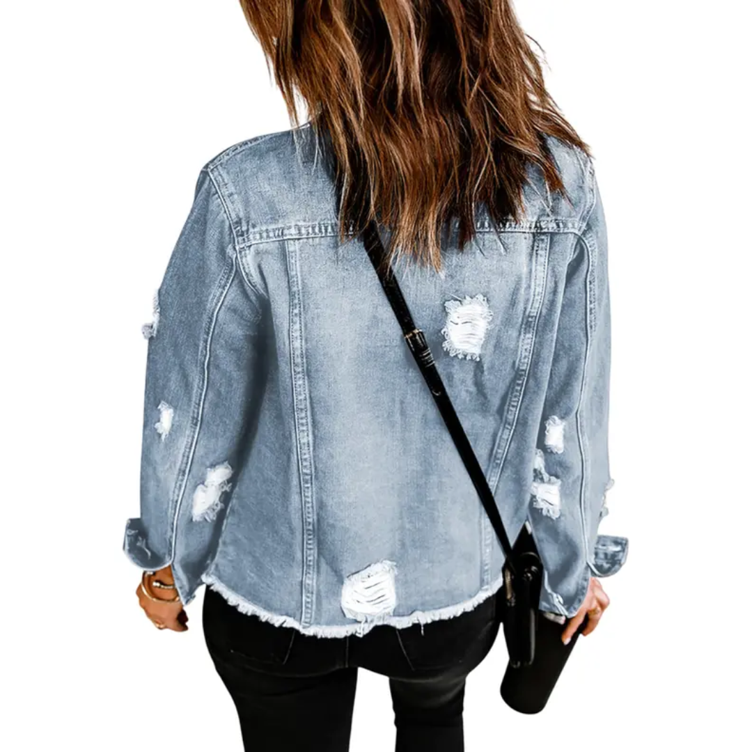 Spread Collar Button Front Distressed Raw Hem Denim Jacket 4