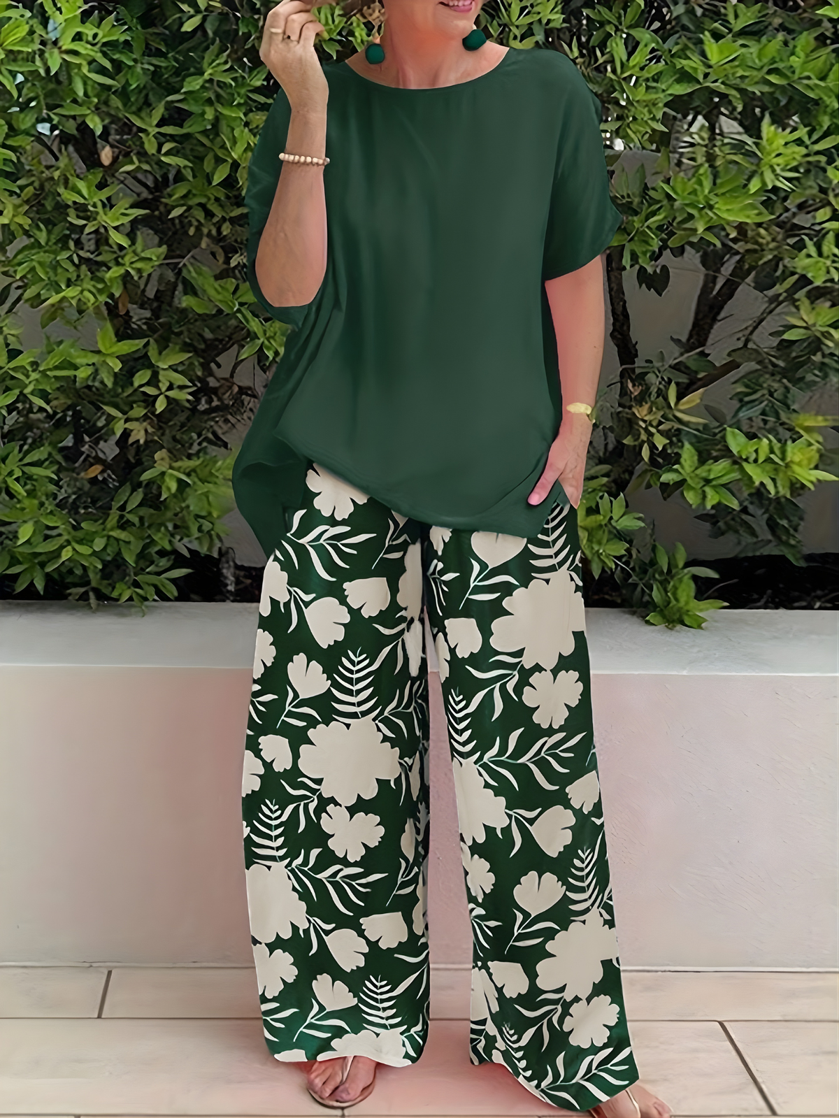 Round Neck Top and Floral Wide Leg Pants Two Piece Set