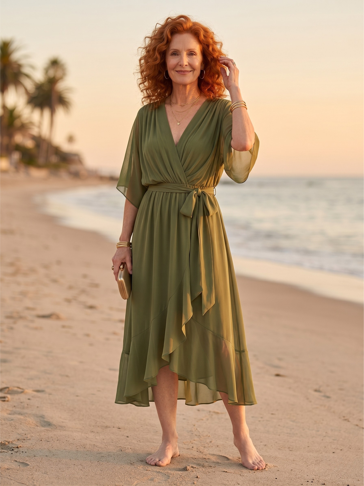 V-Neck Half Sleeve Belted Wrap High Low Midi Dress
