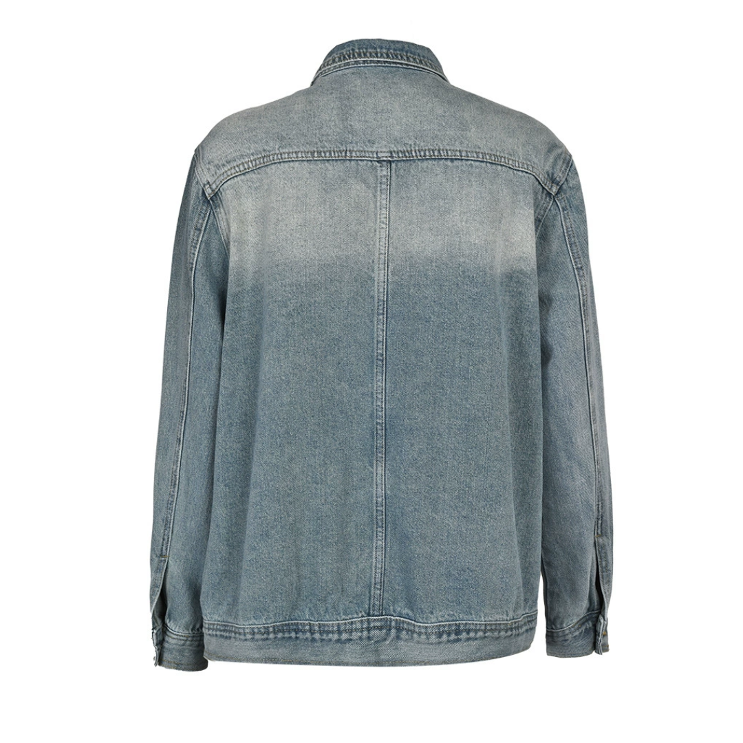 Asymmetric Button Stand Collar Washed Denim Jacket 2