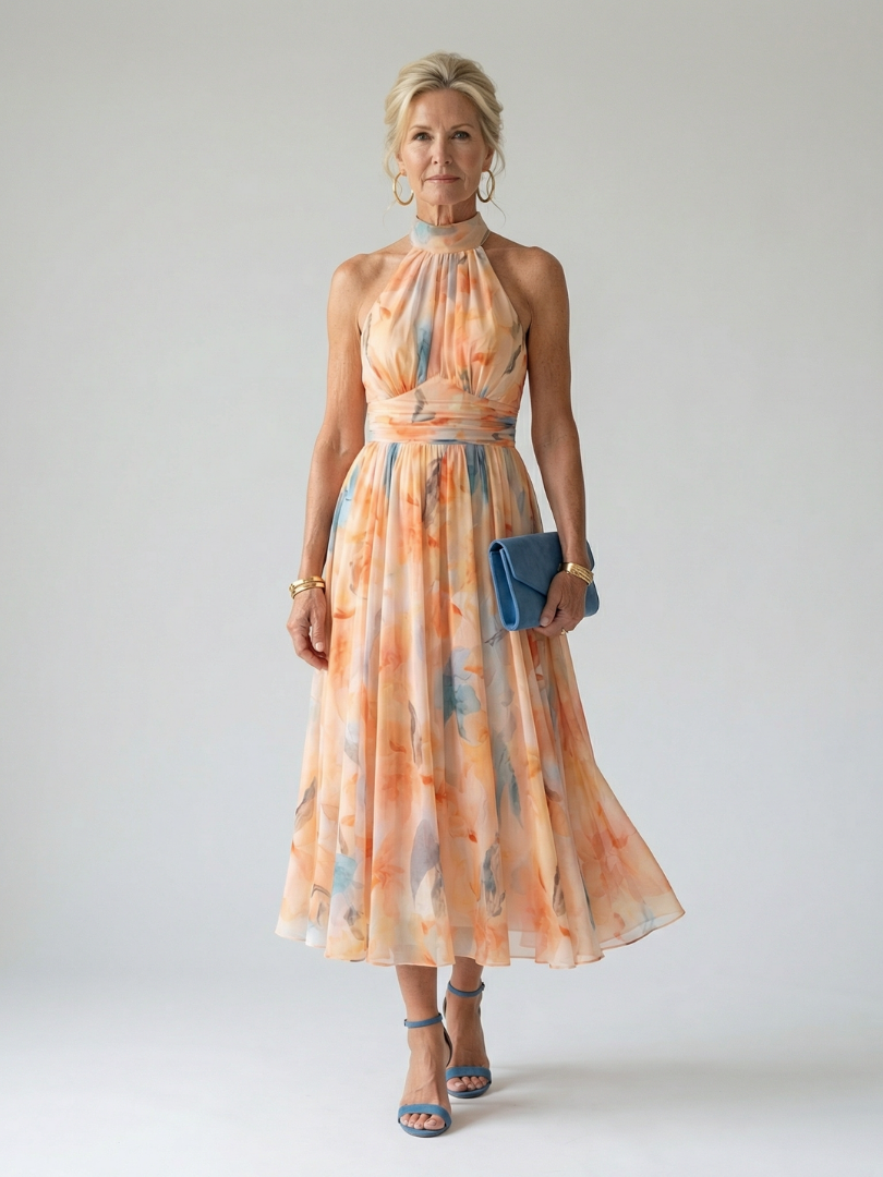 Watercolor Floral Halter Neck Pleated Midi Dress
