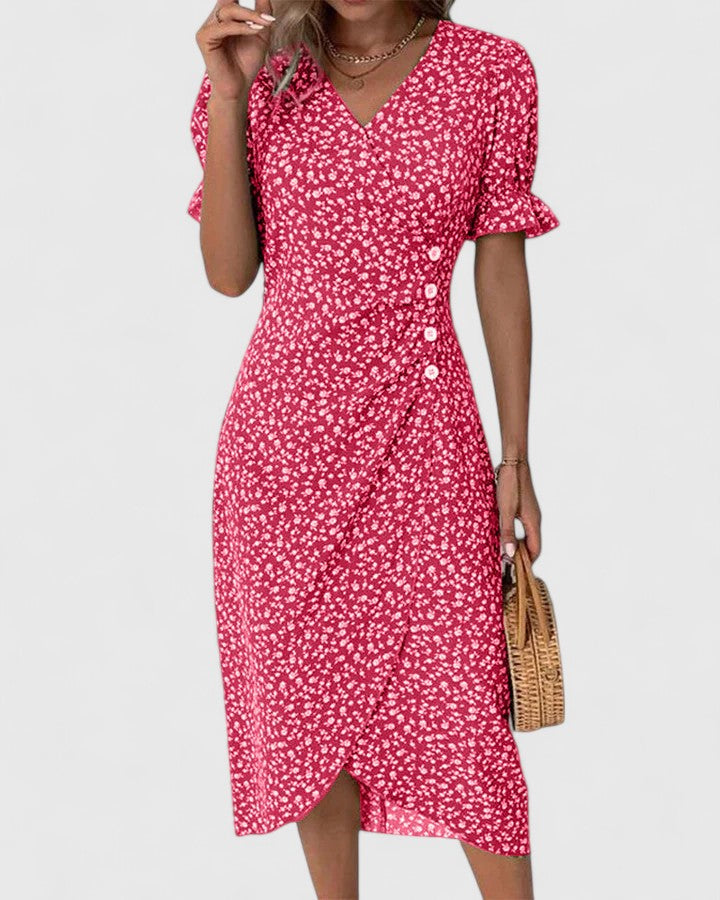 Ditsy Floral V-Neck Short Sleeve Button Wrap Midi Dress 3
