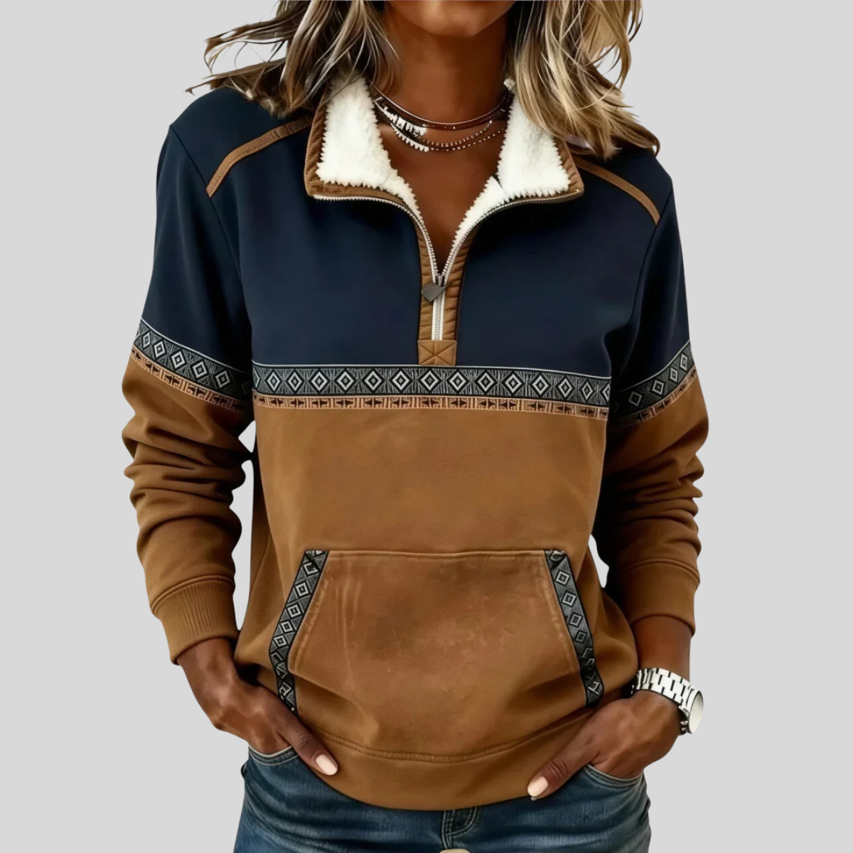 Sherpa Collar Quarter Zip Aztec Trim Sweatshirt