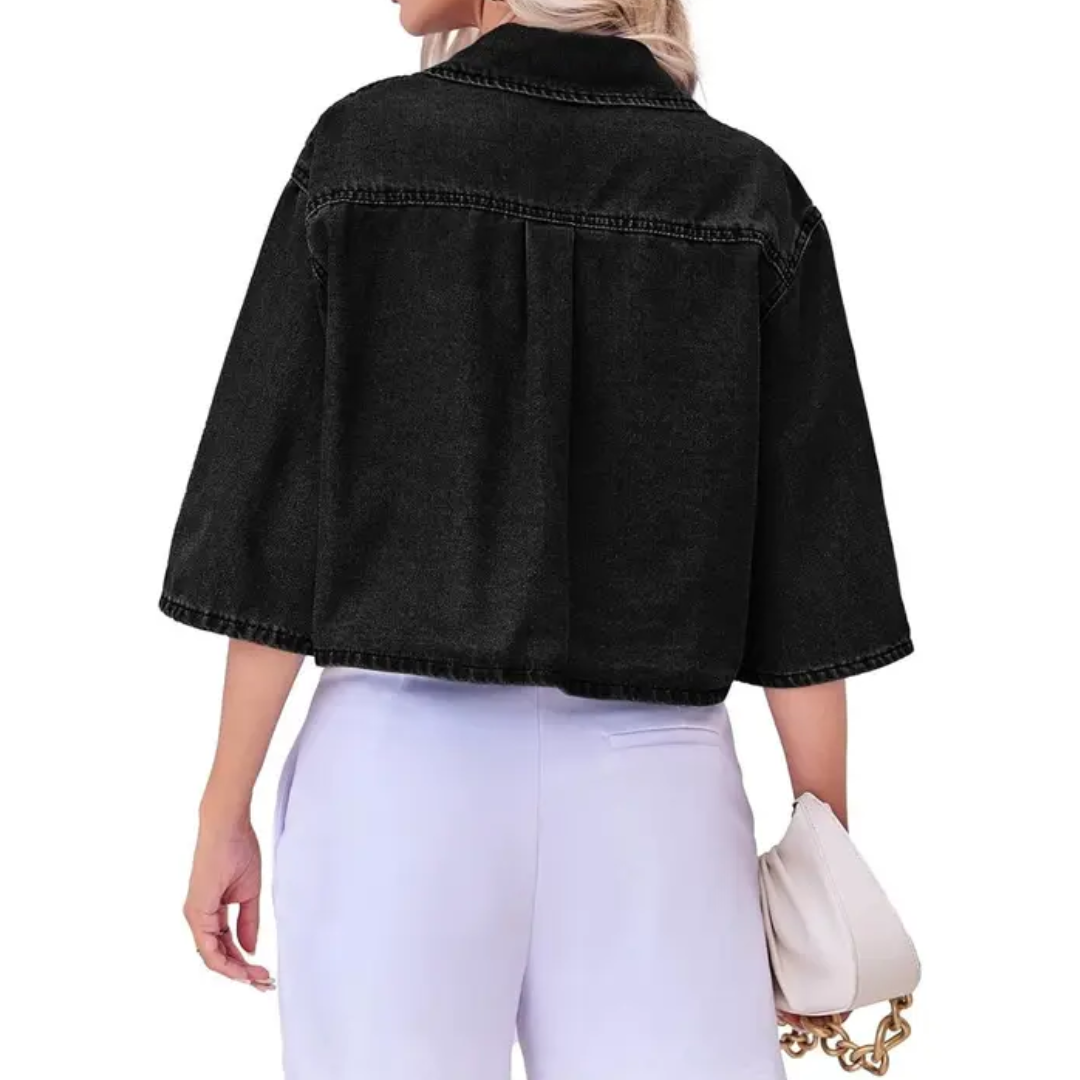 Cropped Short Sleeve Chest Pocket Denim Shirt 4