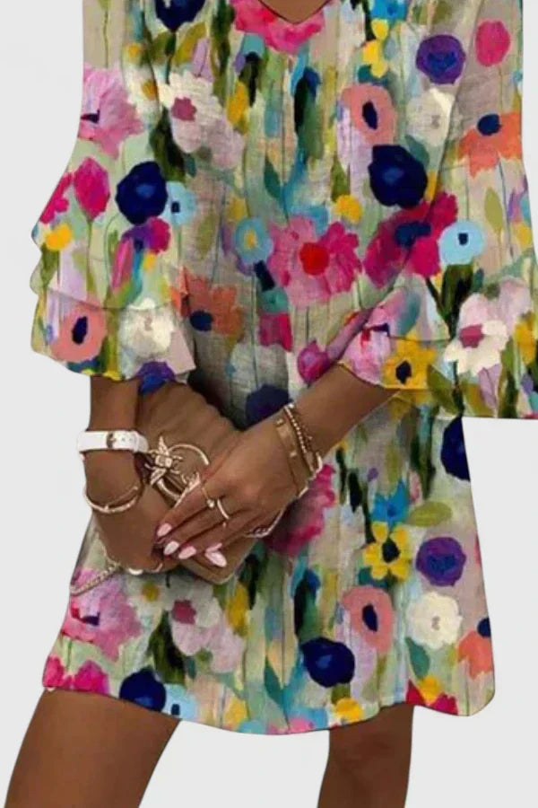 Floral Print V-Neck Ruffle Sleeve Mini Dress 2