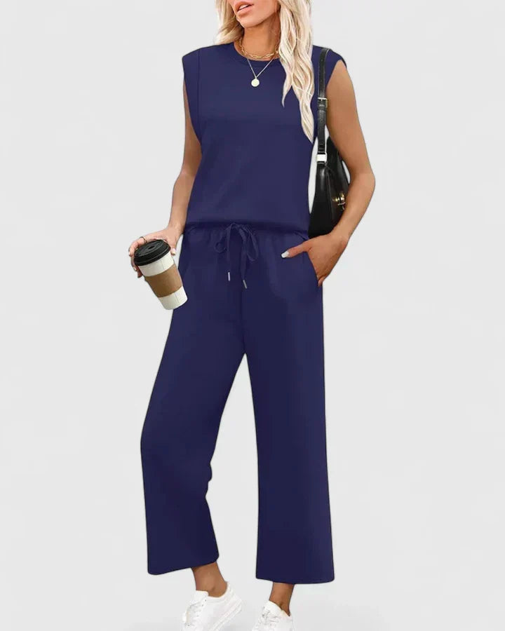 Sleeveless Round Neck Top and Drawstring Wide Leg Pants Two Piece Set 7
