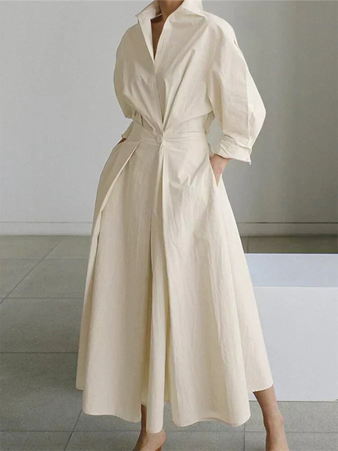 Lapel Collar Lantern Sleeve Pleated A-Line Pocket Midi Shirt Dress - View 6