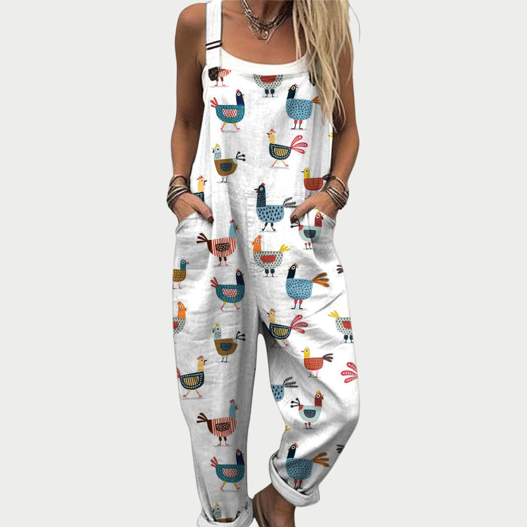 Chicken Print Sleeveless Wide Leg Overall Jumpsuit