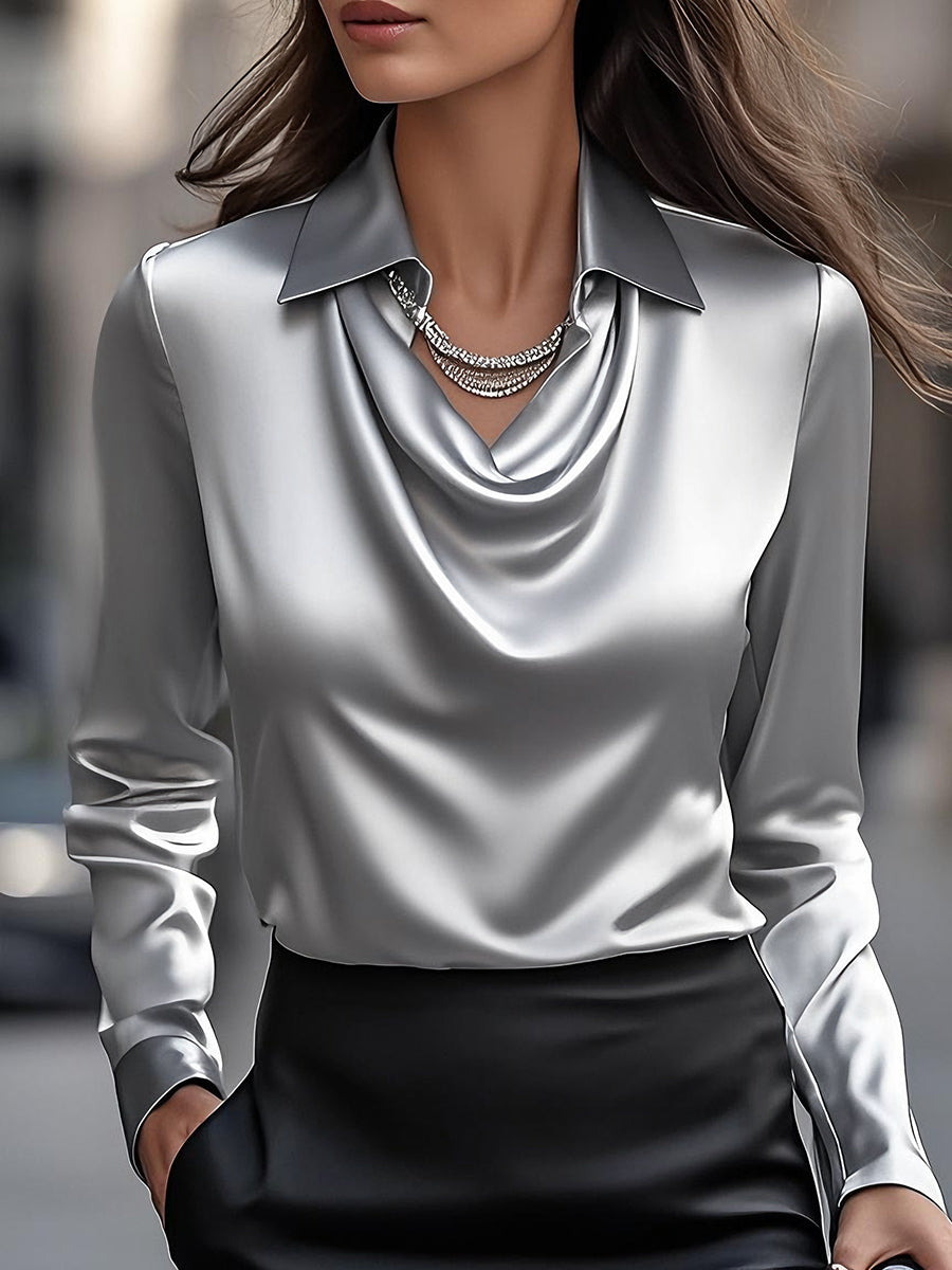 Satin Cowl Neck Collared Long Sleeve Blouse 13