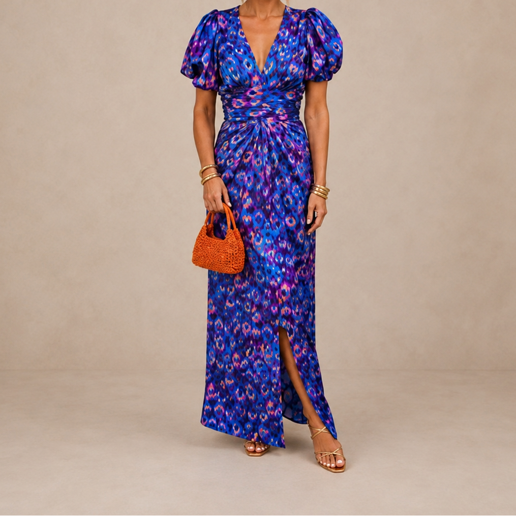Ikat Print Deep V-Neck Puff Sleeve High Split Maxi Dress 4