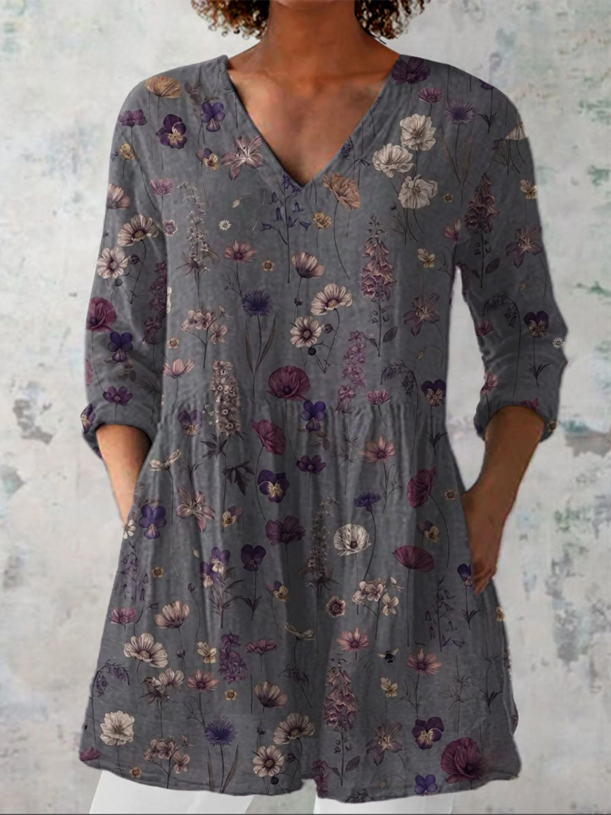 Wildflower Print V-Neck Long Sleeve Peplum Tunic Top