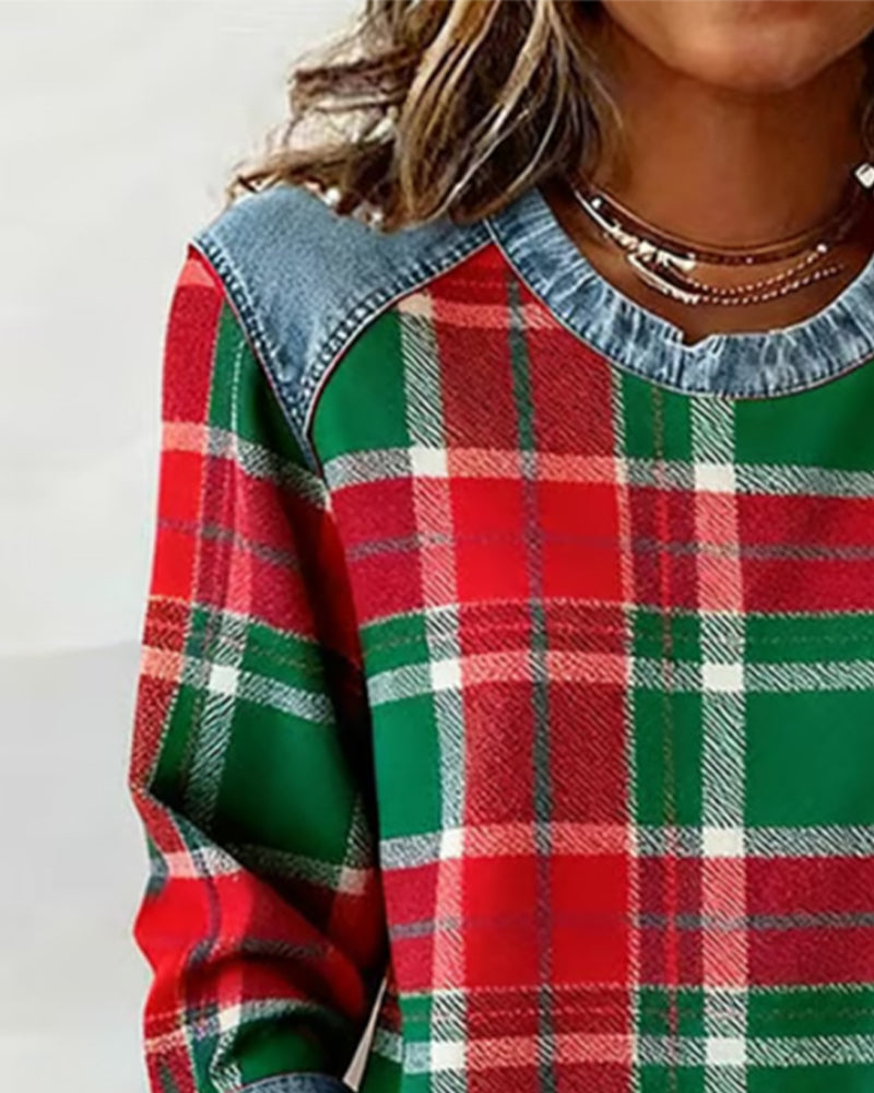 Crew Neck Plaid Denim Contrast Long Sleeve Sweatshirt 4