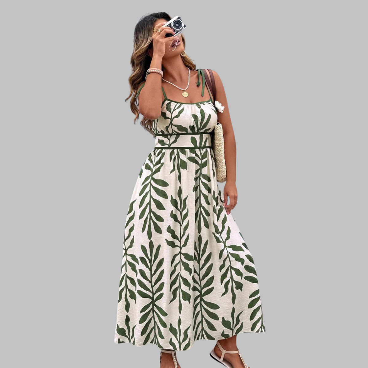 Leaf Print Square Neck Spaghetti Strap Maxi Sundress 5