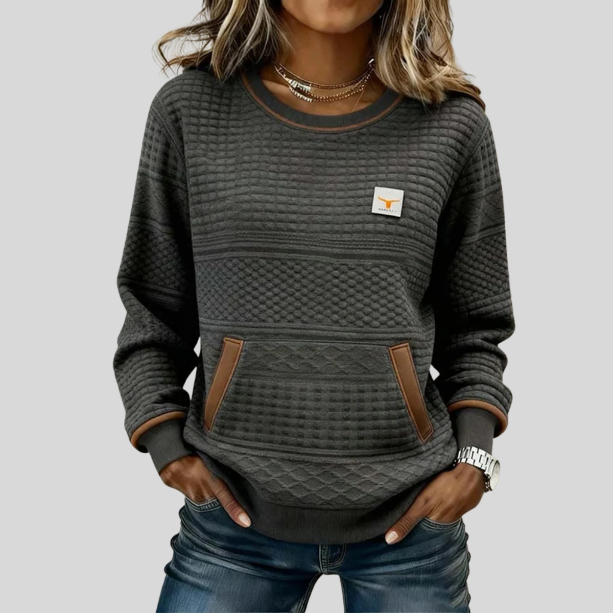 Quilted Crew Neck Front Pocket Long Sleeve Sweatshirt