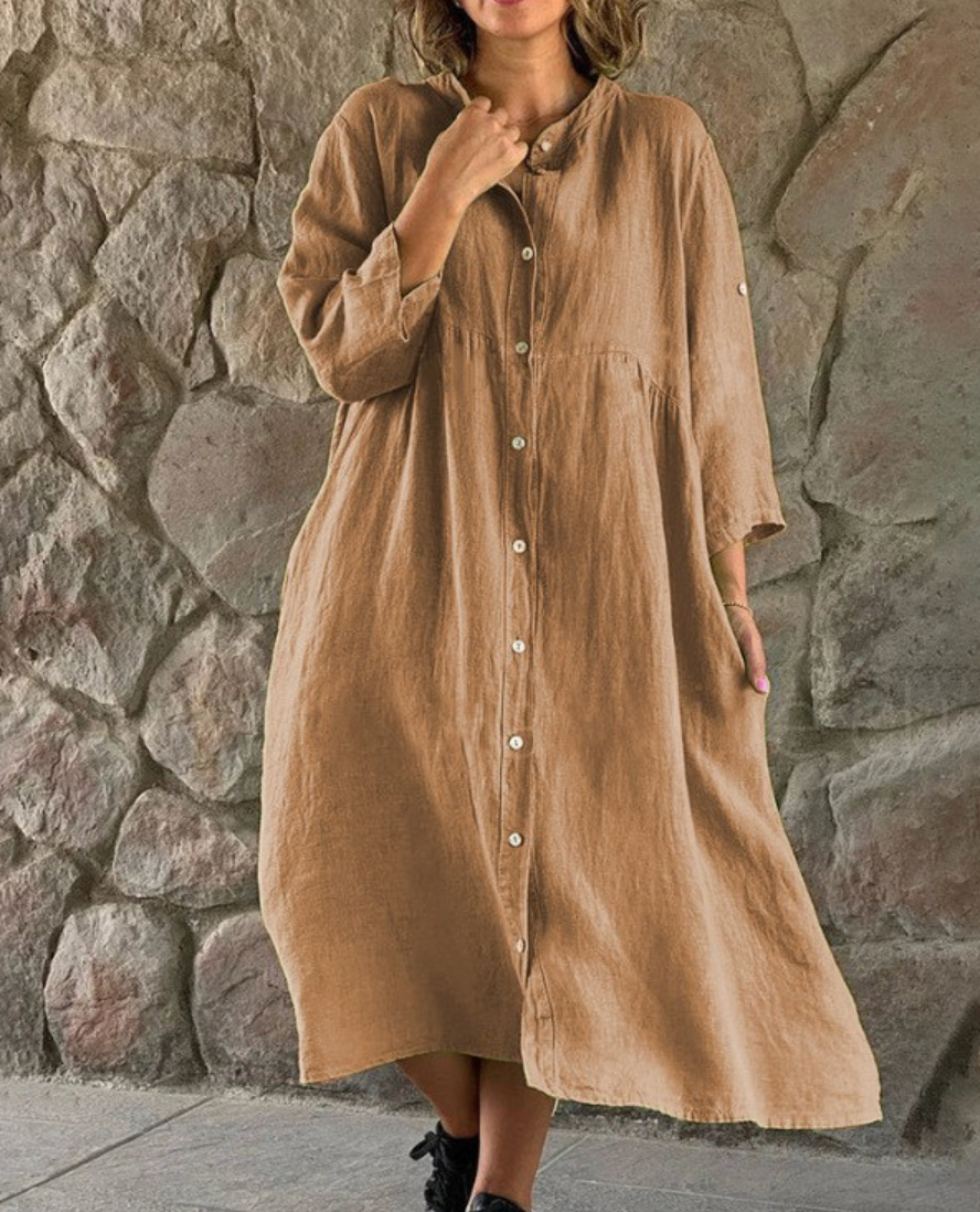 Button Down Three Quarter Sleeve Roll Tab Midi Shirt Dress - View 5