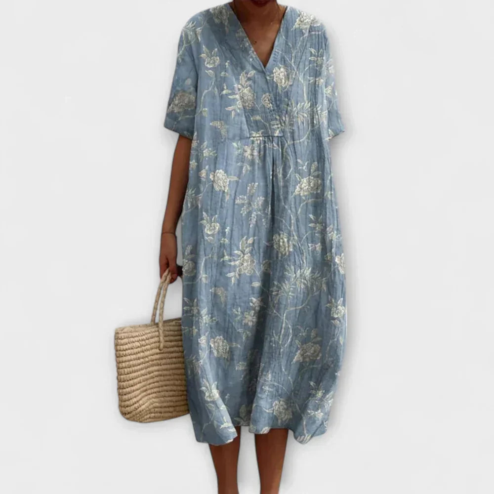Floral Print V-Neck Short Sleeve Pocket Midi Dress