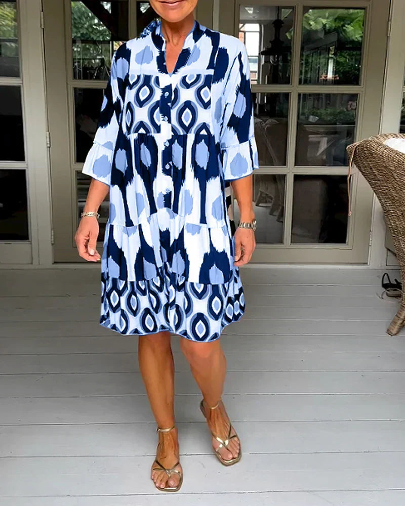 Abstract Geometric Print V-Neck Button Front Tiered Midi Dress - View 9