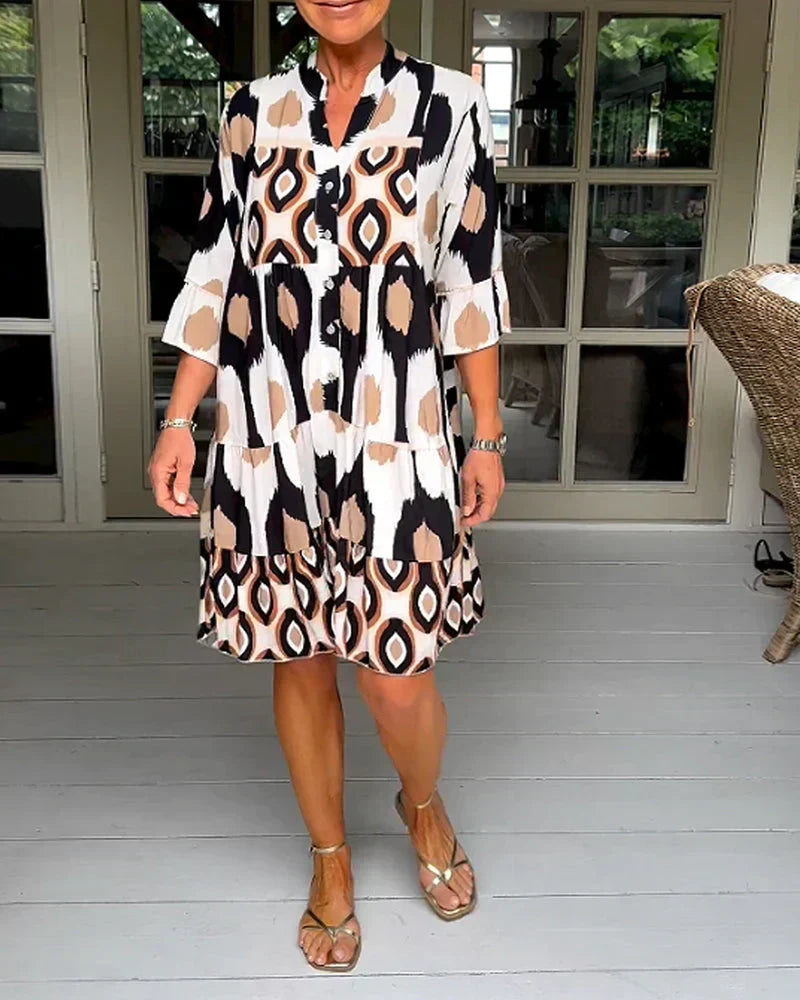 Abstract Geometric Print V-Neck Button Front Tiered Midi Dress