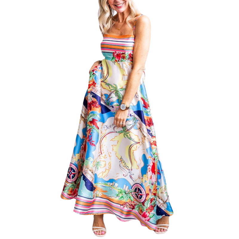Scarf Print Smocked Spaghetti Strap Maxi Dress