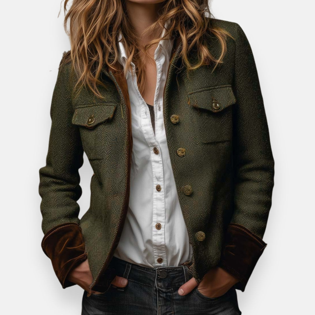 Herringbone Flap Pocket Suede Trim Tweed Jacket