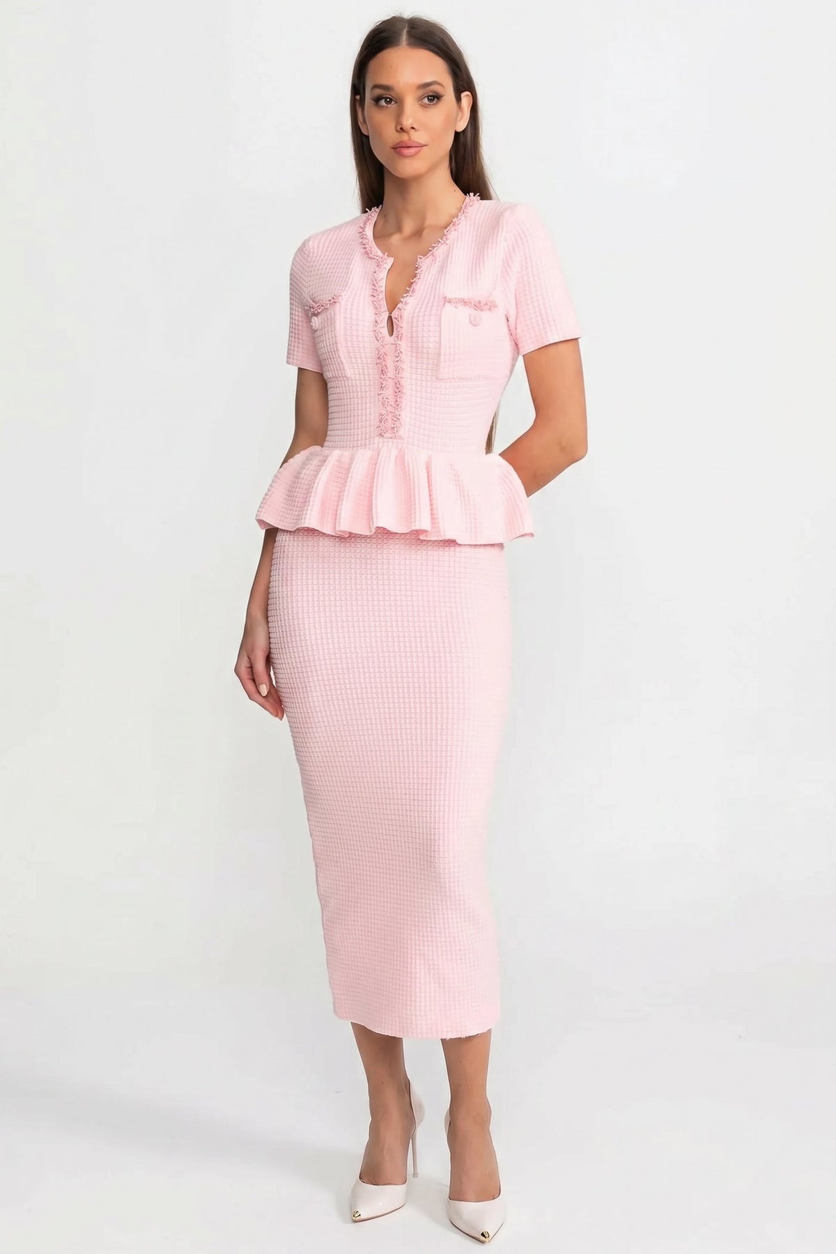 Textured Knit Midi Dress with Peplum Waist Detail – Baby Pink - View 2