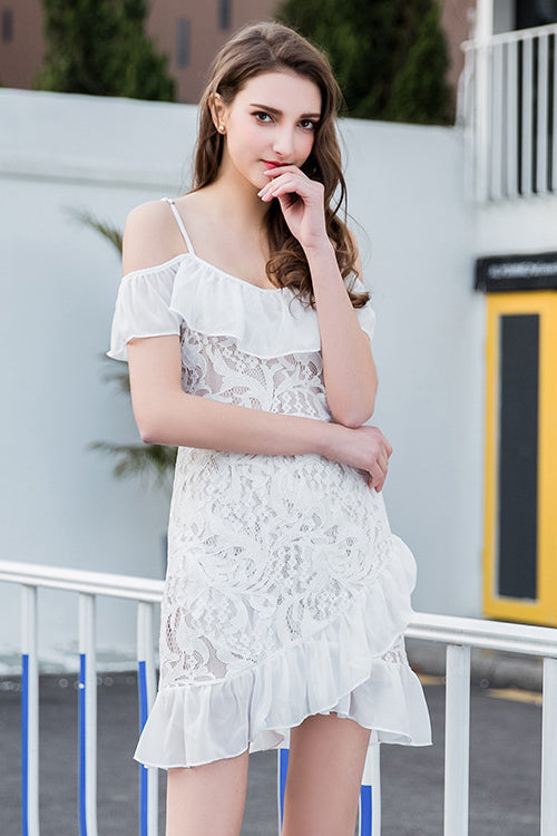 Cold Shoulder Ruffle Strap Lace Ruffle Hem Mini Dress 2
