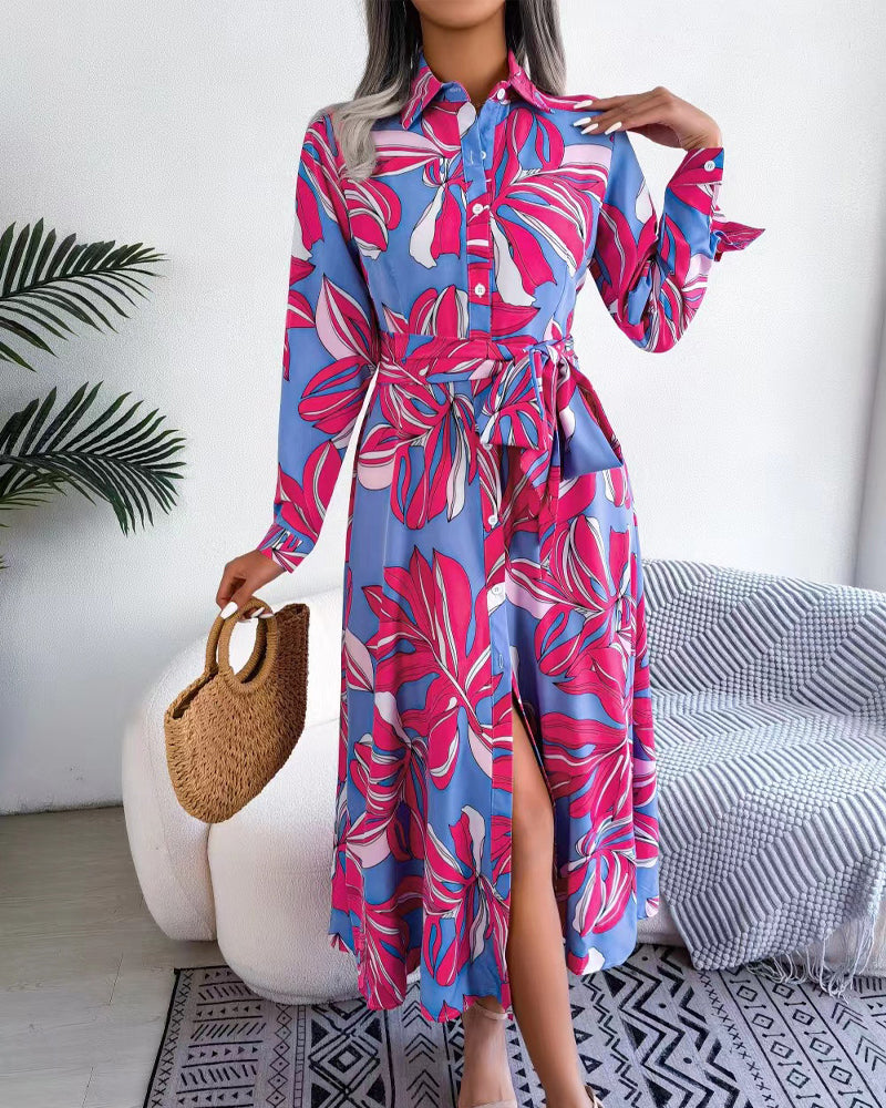 Tropical Leaf Print Collared Button Front Belted Shirt Maxi Dress 7