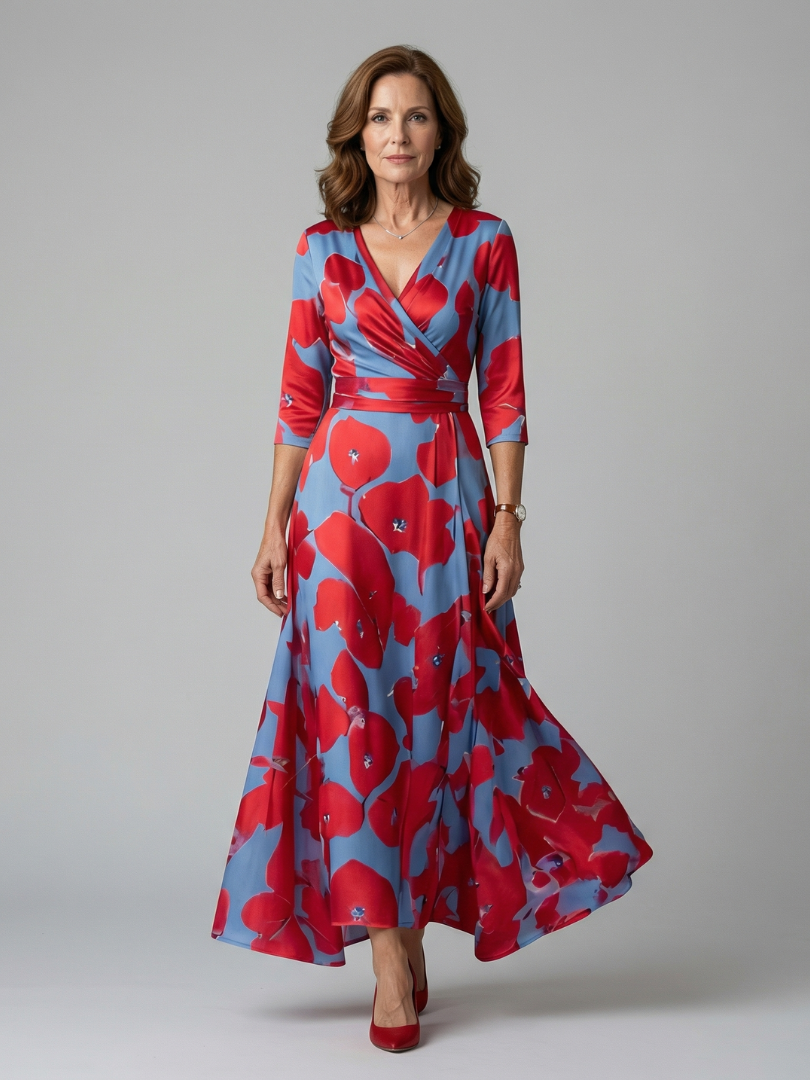 Floral Print Wrap V-Neck Three Quarter Sleeve Maxi Dress