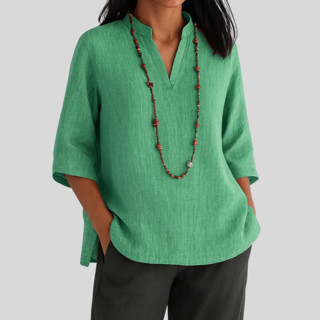 Notch V-Neck Half Sleeve Linen Look Top