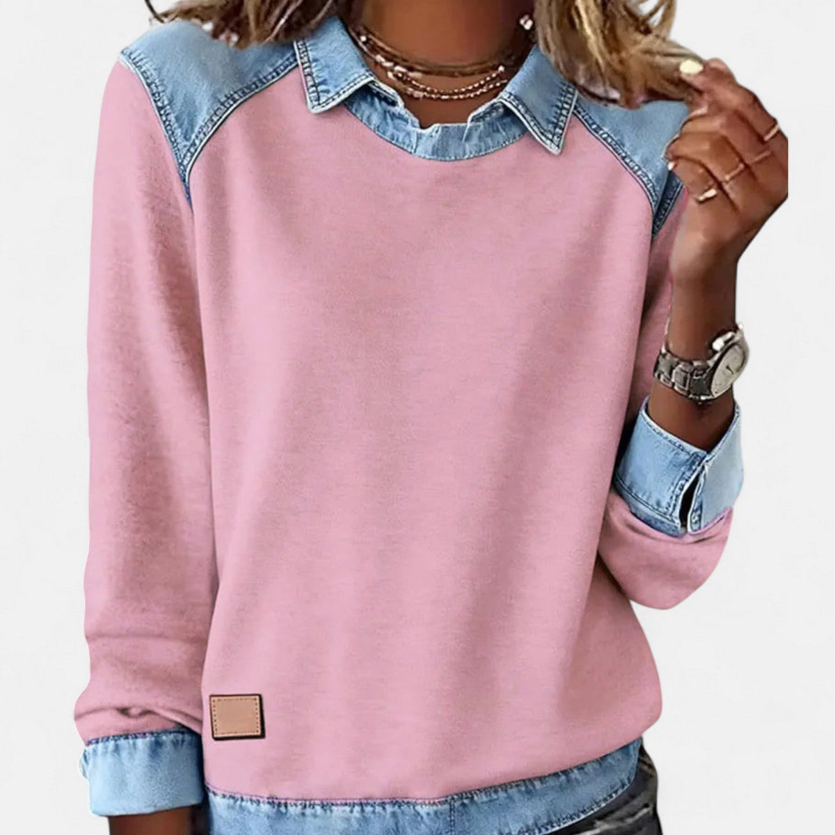 Crew Neck Denim Contrast Panel Sweatshirt 5