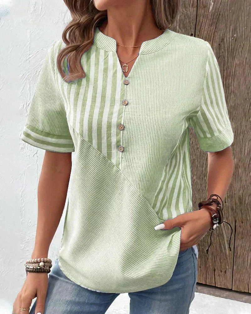 Striped Colorblock Notch Neck Button Short Sleeve Blouse 9