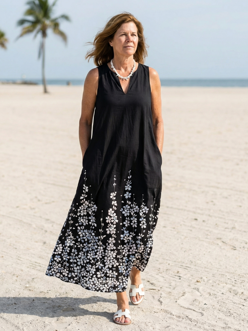 Split Neck Sleeveless Floral Hem Maxi Dress