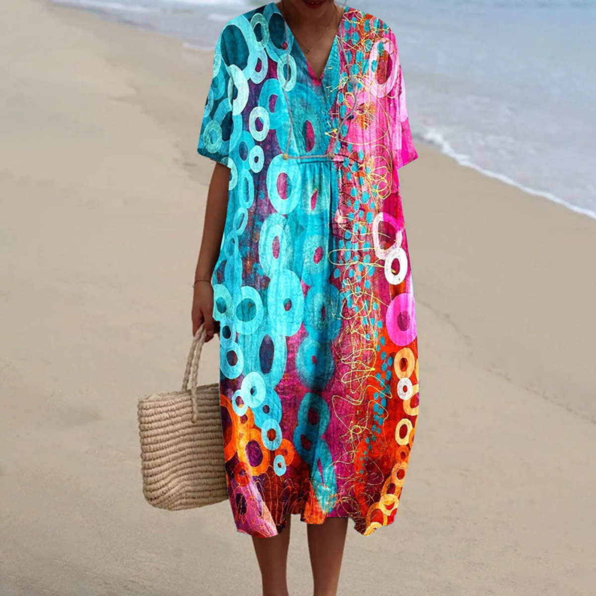 Abstract Circle Print V-Neck Short Sleeve Midi Beach Dress