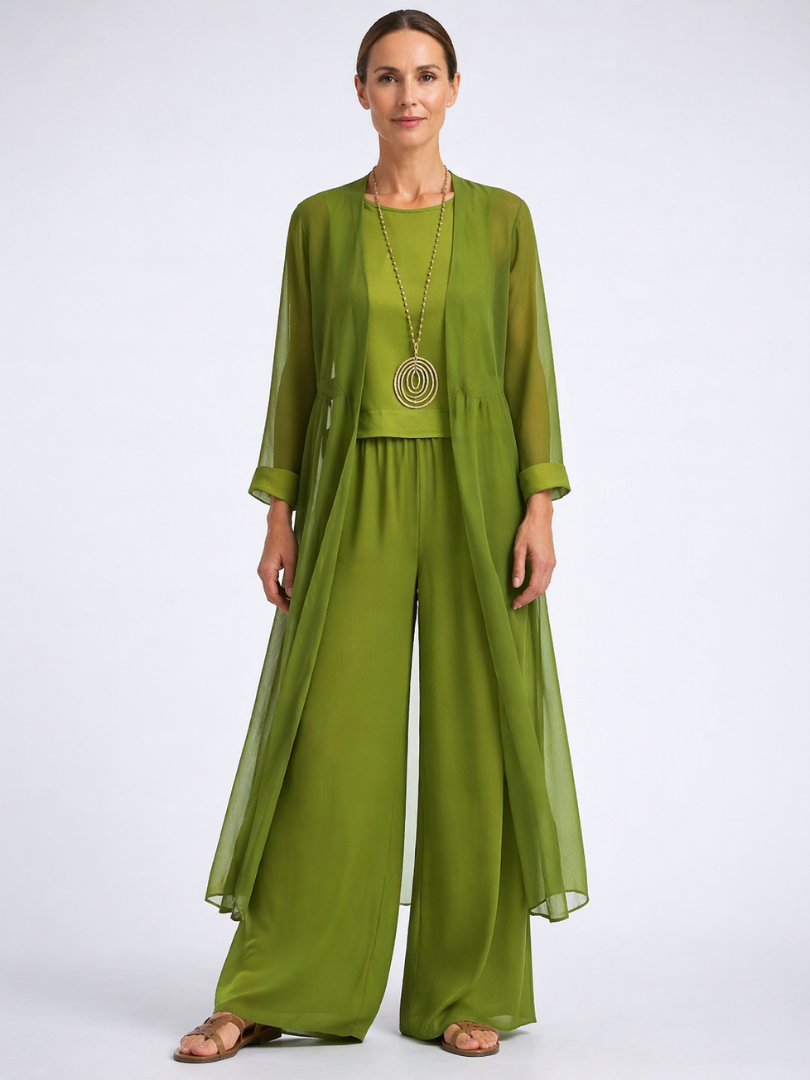 Sheer Longline Duster Tank Top and Wide Leg Pants Three Piece Set