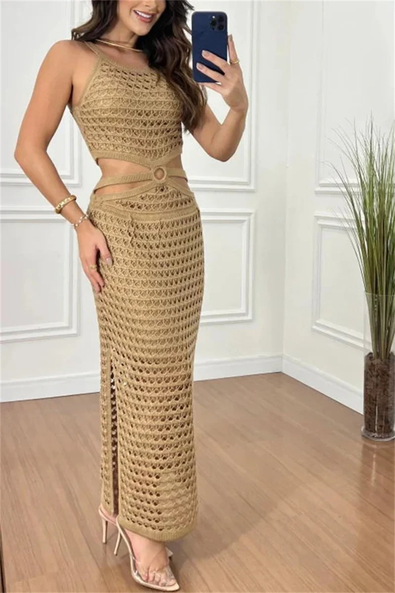 Open Knit Mesh Sleeveless Cut Out O-Ring Waist High Split Dress - View 4