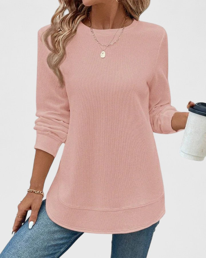 Crew Neck Long Sleeve Waffle Knit Curved Hem Top 2
