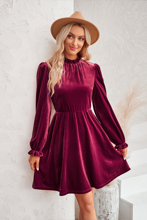 Velvet Mock Neck Long Sleeve Fit and Flare Mini Dress 9