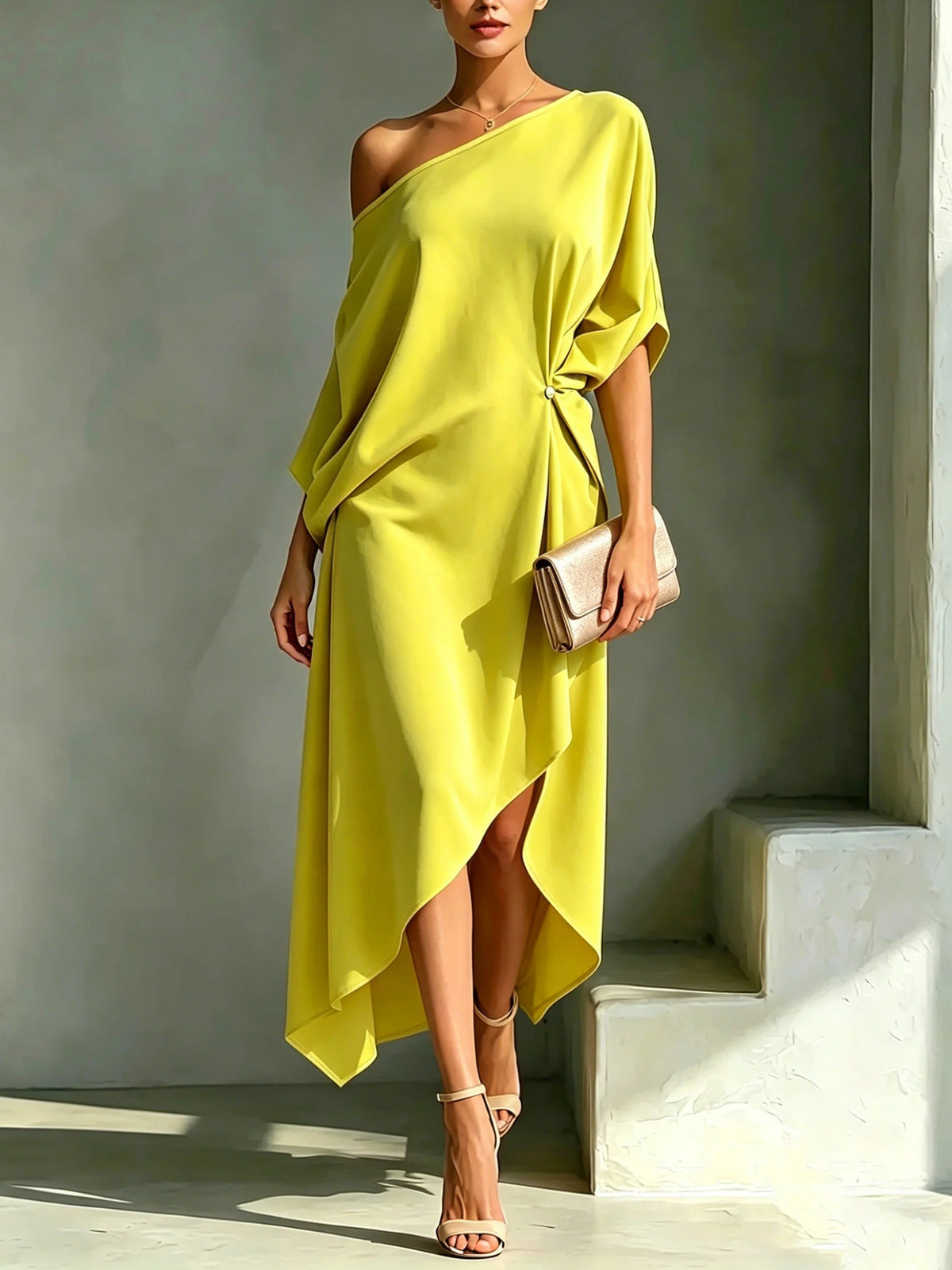 One Shoulder Draped Satin High Low Midi Dress 2