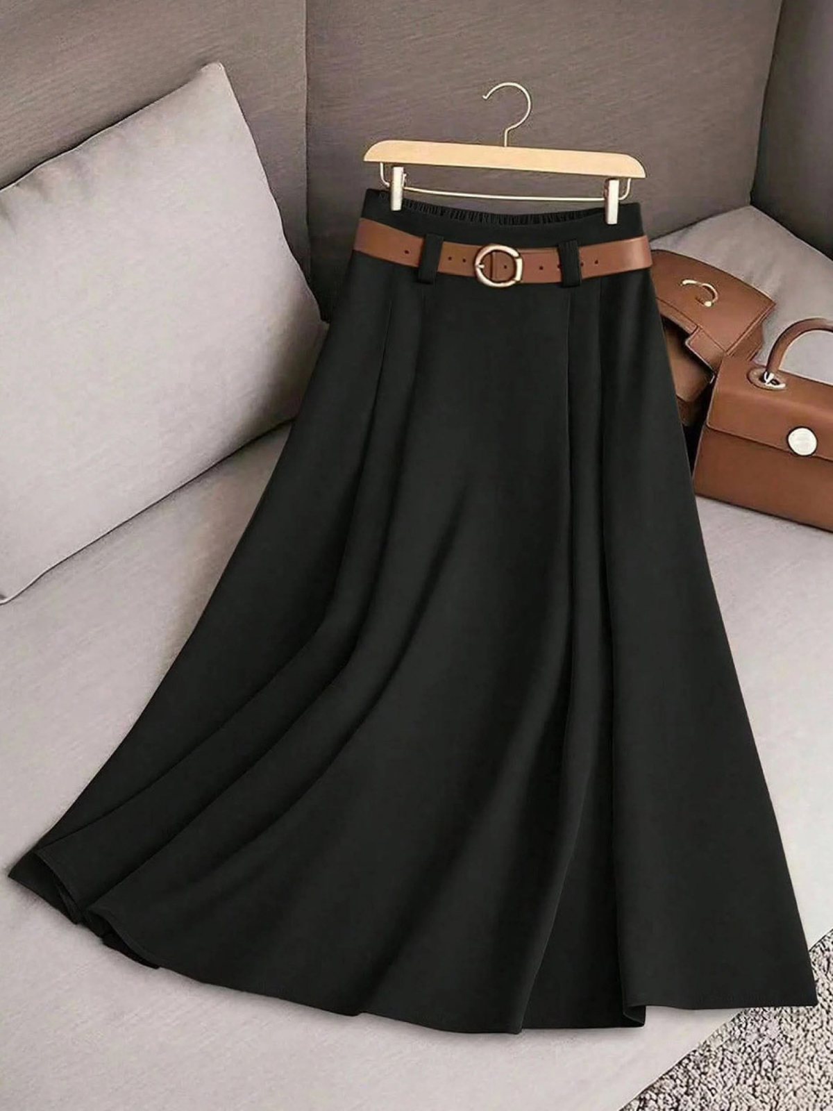 High Waist Belted Pleated A-Line Midi Skirt 4