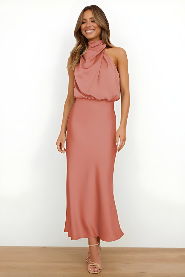 Satin Halter Neck Cowl Drape Sleeveless Column Maxi Gown - View 3