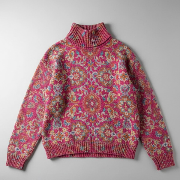Turtleneck Long Sleeve Medallion Print Knit Sweater 2