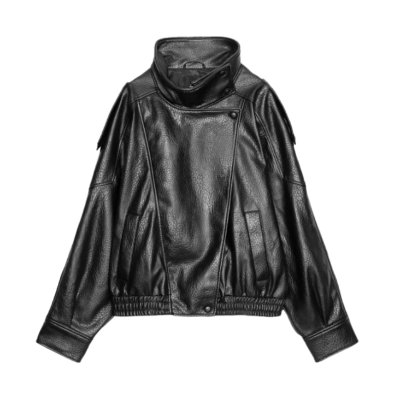 Funnel Neck Zip Front Oversized Faux Leather Moto Jacket