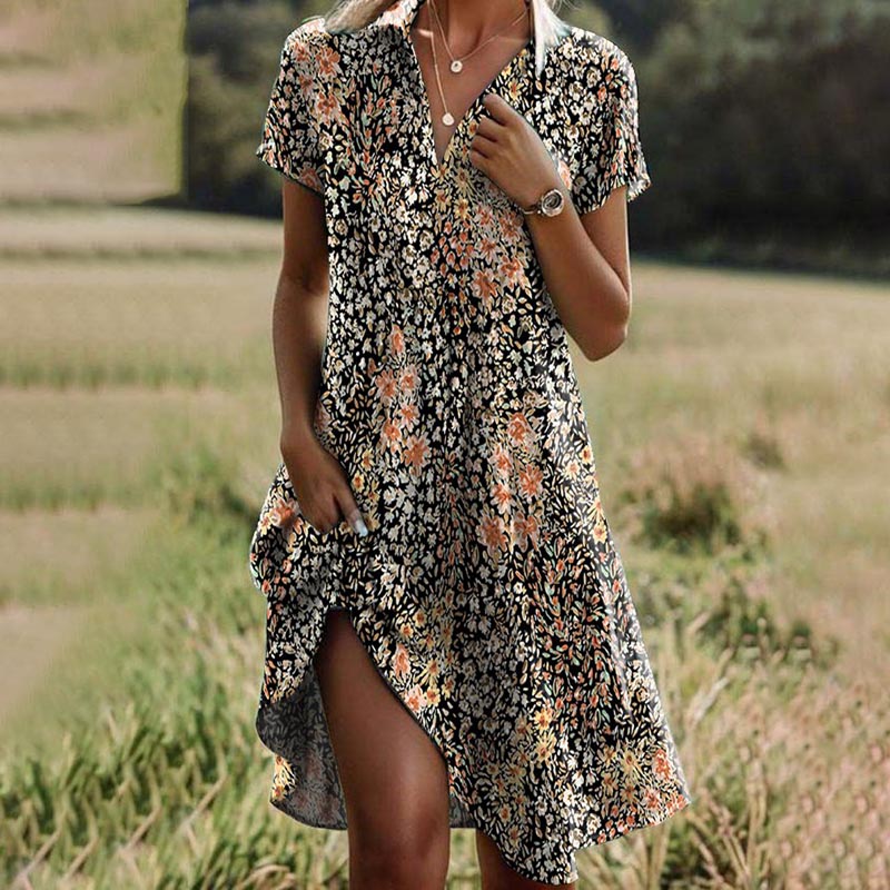 Floral Print Collar V-Neck Short Sleeve Pocket A-Line Midi Dress