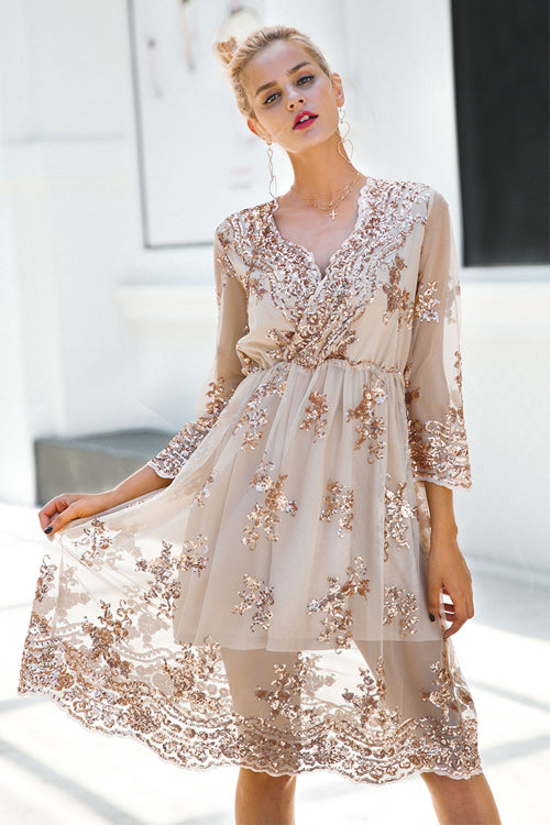 Sequin Floral Deep V-Neck Long Sleeve Wrap Mini Dress - View 2