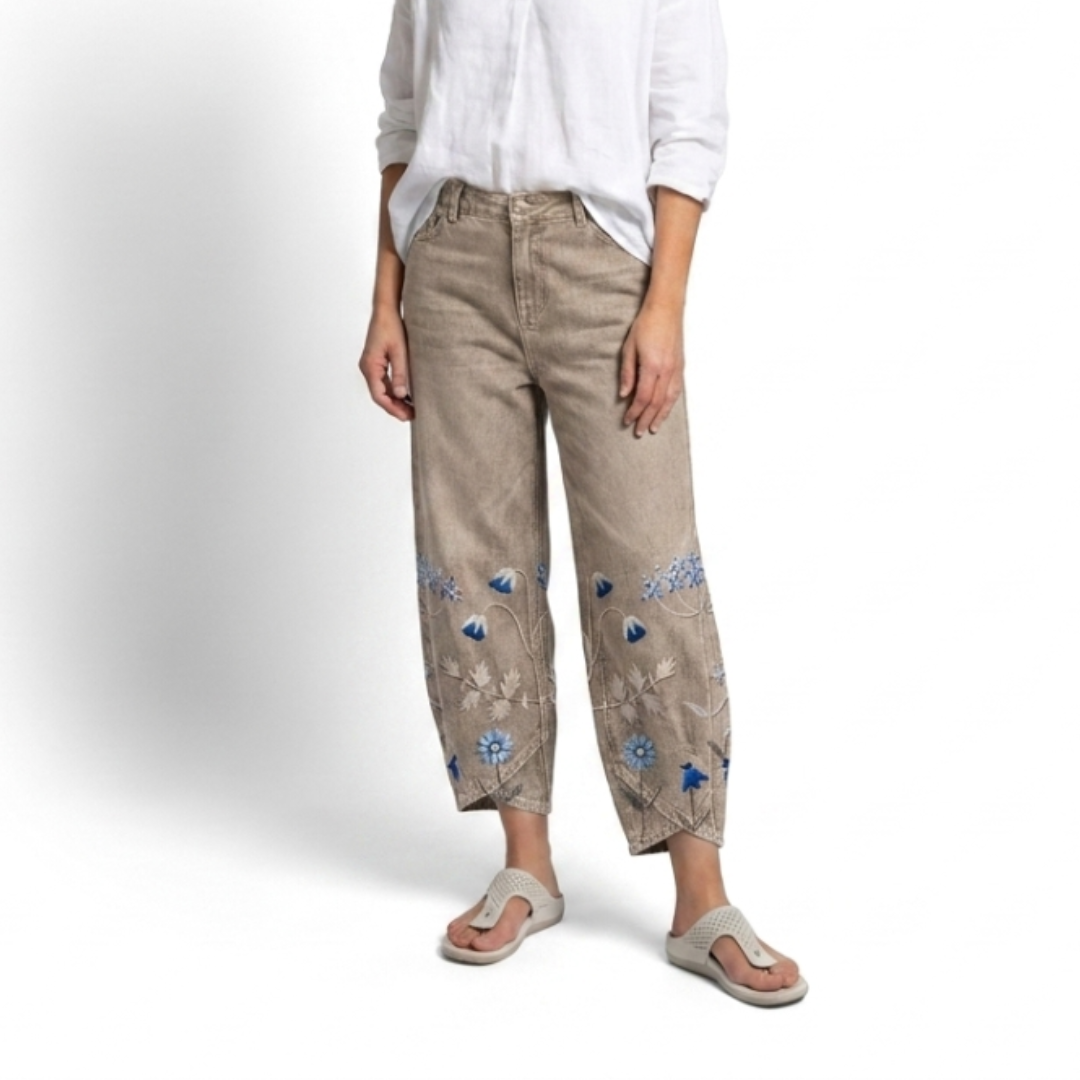 Floral Embroidered Wide Leg Cropped Denim Trousers 8