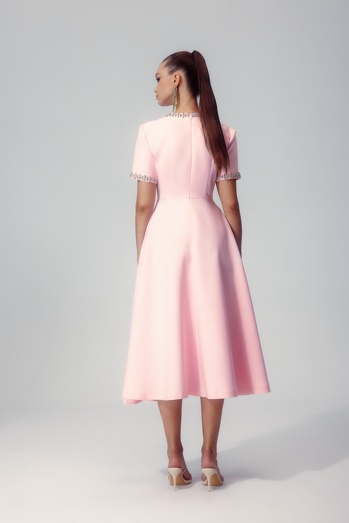 Rhinestone Trim Triple Bow Short Sleeve Round Neck A-Line Midi Dress - View 5