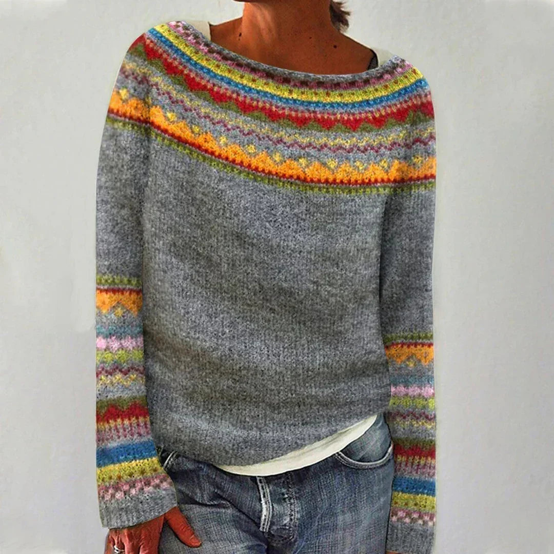 Fair Isle Yoke Boat Neck Long Sleeve Knit Sweater