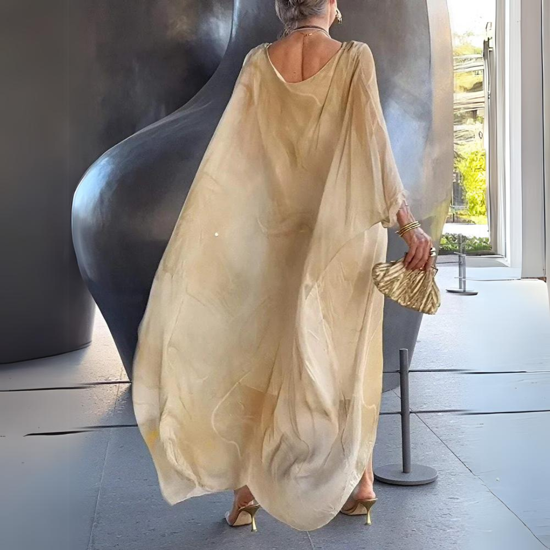 Marble Print Batwing Sleeve Sheer Overlay Kaftan Maxi Dress - View 3